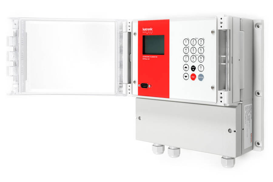 Wall mounted ultrasonic flow meter KATflow 150 with lockable cover for permanent flow measuring.